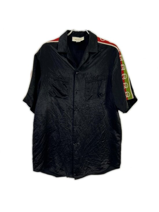 Gucci Tops - Gucci Black Taped Logo Silk Vacation Shirt 44